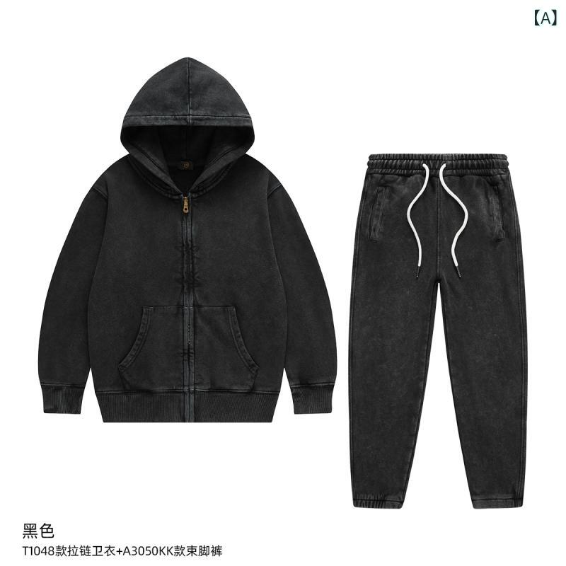 キッズ ちびっ子服 男女 お坊っちゃん お嬢さん 書き割り 上下 長袖 フーディー ティーシャツ 長ズボン ズボン 汗水 綿織物 綿 95% フリース 裏地 パステル色の 普通厚 無地 ソリッドカラー 春 秋 長袖 ボンネット付き添い人 ファスナー 黒 緑 薄墨色