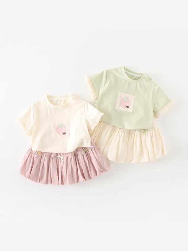 女の子 トップス スカート セット 短袖 薄手 綿混紡 柔らかい かわいい 甘め デザイン ストライプ 柄 緑 ベージュ ピンク 花柄 夏 服 女児 1-3歳 73-100cm 身長 対応 薄型 コットン 混紡 生地 ソフト タッチ 欧米 風 要素 条紋