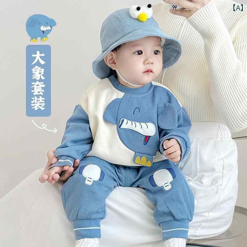 キッズ 服 セット 男の子 女の子 ベビー トップス パンツ 春秋 長袖 長ズボン コットン 綿素材 60% カードプリント 象柄 ブルー カジュアル 普段使い 部屋着 伸縮性 軽量 通勤 80cm 90cm 100cm 110cm 120cm