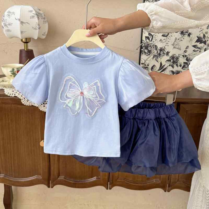 女の子 トップス 泡泡袖 Tシャツ 半身スカート セット 夏服 かわいい 蝴蝶? ネット生地 綿素材 柔らかい 薄手 短袖 3-8歳 100-140cm ピンク ブルー ホワイト