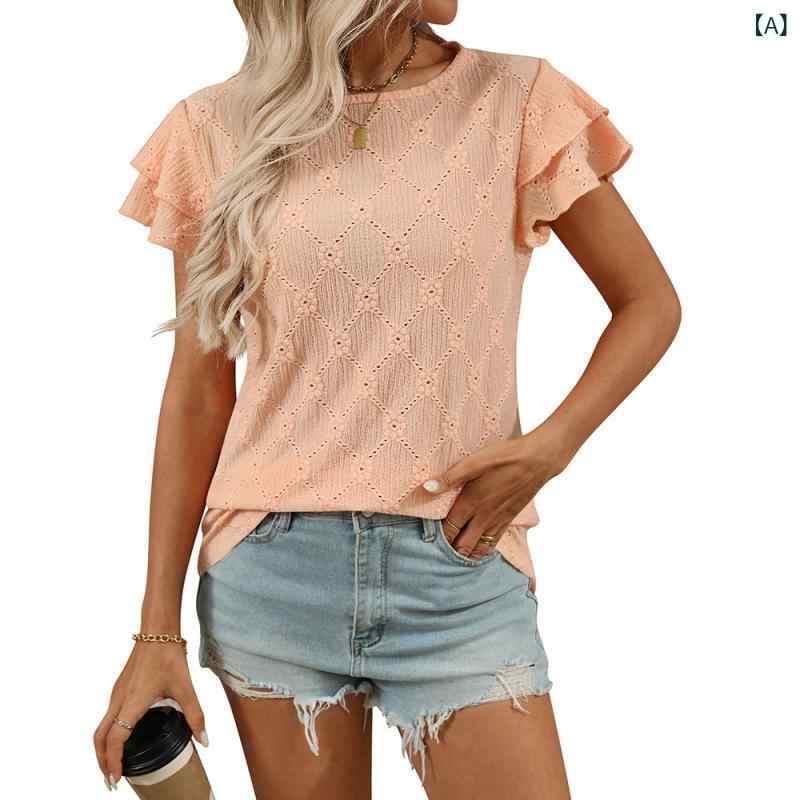 Tシャツ レディース 春夏 短袖 丸首 甘め 直筒 ゆったり レースアップ 荷葉袖 切り抜き デザイン ?棉 混紡 ポリエステル 素材 橙 深青 松石緑 杏 ピンク 黒 爽やか かわいい スタイル 快適 カジュアル トップス 袖丈 普通丈 ニット加工 日
