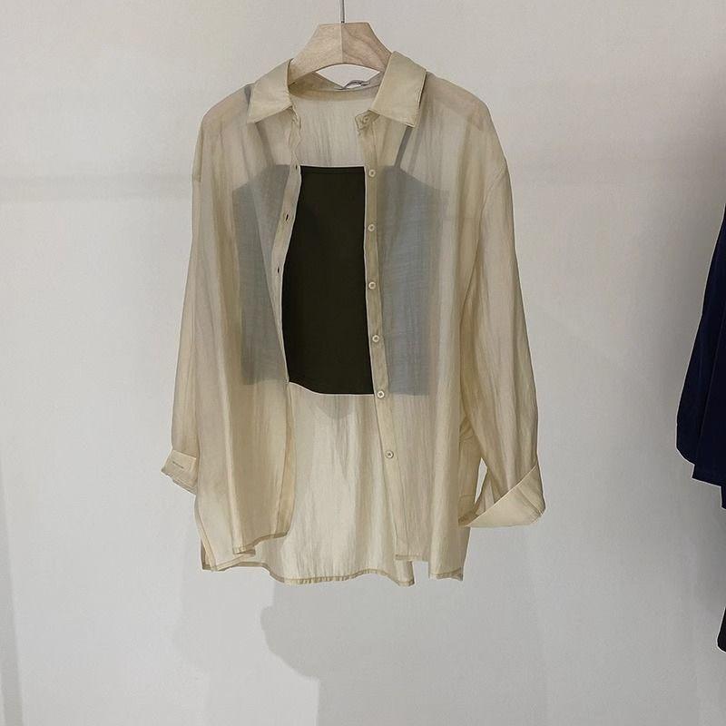 シャツ レディース 防風 薄手 シフォン 長袖 吊り帯 ワンピース 外套 夏用 ドロップ感 トップス 幾何柄 免?加工 ゆったり ポロ襟 通常袖 加工風 春季 白 紫 緑 気質 通勤 都市風 民族 単列多ボタン ボタン