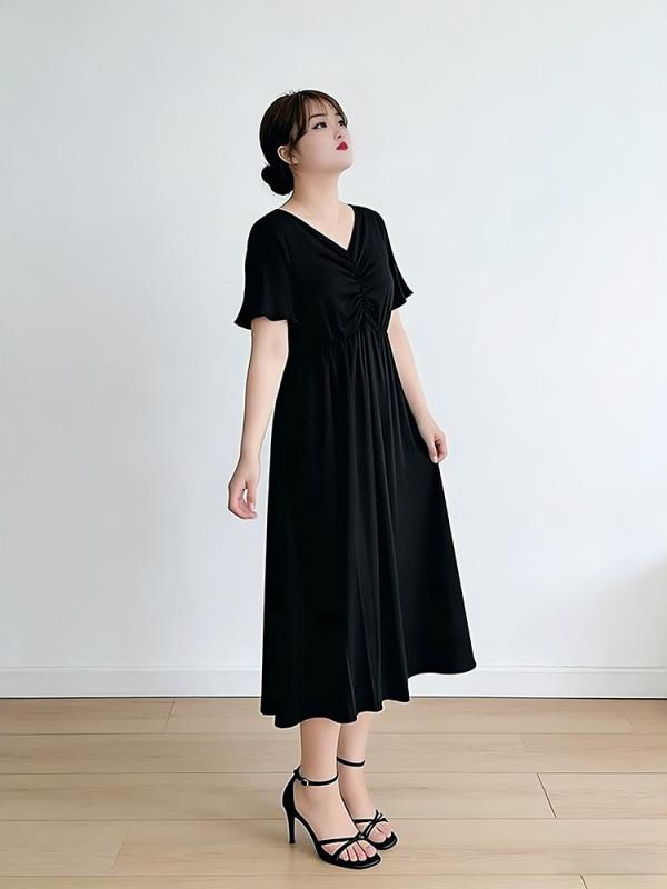 ワンピース レディース 夏 大きいサイズ 垂れ感 微胖対応 ファッション プリーツ Vネック 黒 Aライン 中長丈 三分袖 セクシー 気質 優雅 粘膠繊維 70-80% 純色 私服 名媛風
