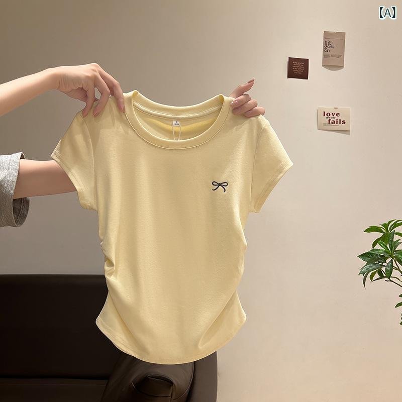 Tシャツ レディース 春夏 ミルクイエロー 丸首 刺繍 短袖 コットン ストレッチ プリント 蝶結び ハート プリーツ ウエストイン 修身 デザイン 私服 かわいい 普段使い 通勤 ファッション トップス 女性用 軽量 柔らか素材 ビッグシルエット かわ