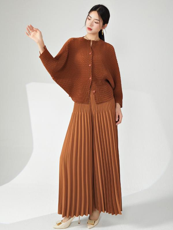 レディース セットアップ 開襟カーディガン トップス プリーツ ワイドパンツ 長ズボン 長袖 純色 ポリエステル 素材 垂感 ゆったり デザイン 気質 通勤 スタイル 快適 休? 風 秋冬 シーズン 通用 青年 中年 対応 色 黒 ベージュ グリーン 赤｜LiLishop6