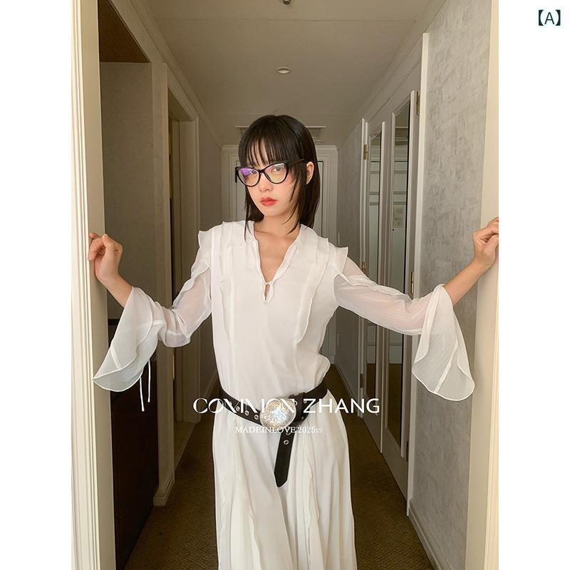 ワンピース レディース Vネック 長袖 Aライン スカート 高腰 レイヤード デザイン レース 花辺 垂感 ネット 生地 ポリエステル 素材 純色 切り替え 加工 セット オン タイプ 長丈 春 シーズン 気質 優雅 スタイル 私服 名媛風 白色 緑