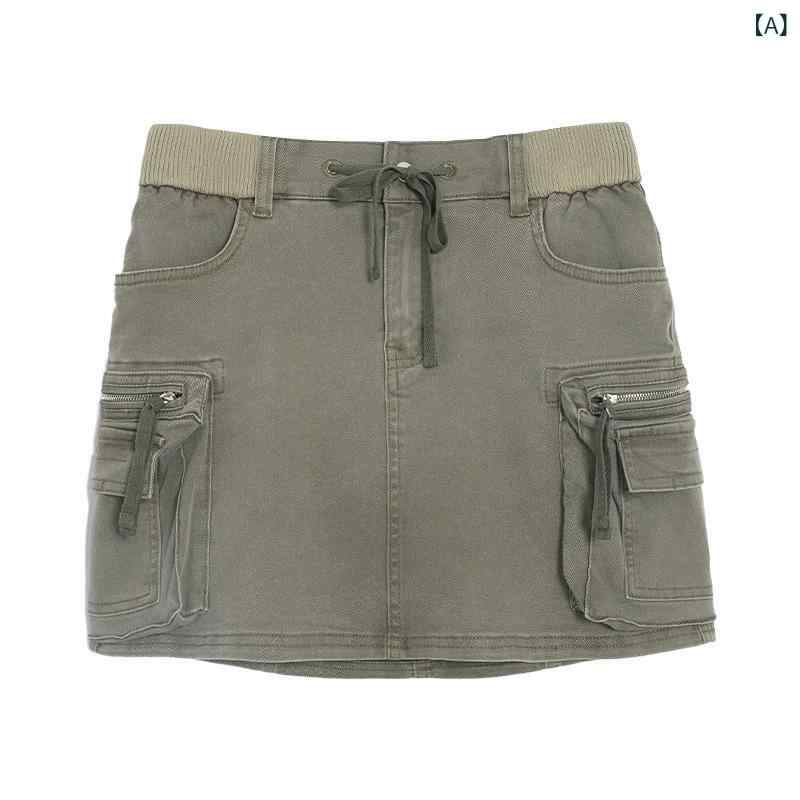 スカート 半身スカート 女性用 夏 工装風 デザイン 甘辛ミックス 防走光 高腰 ?・覧 短丈 綿 ミリタリーグリーン カーキ 街頭スタイル セクシー 微弾力 做旧加工｜LiLishop6