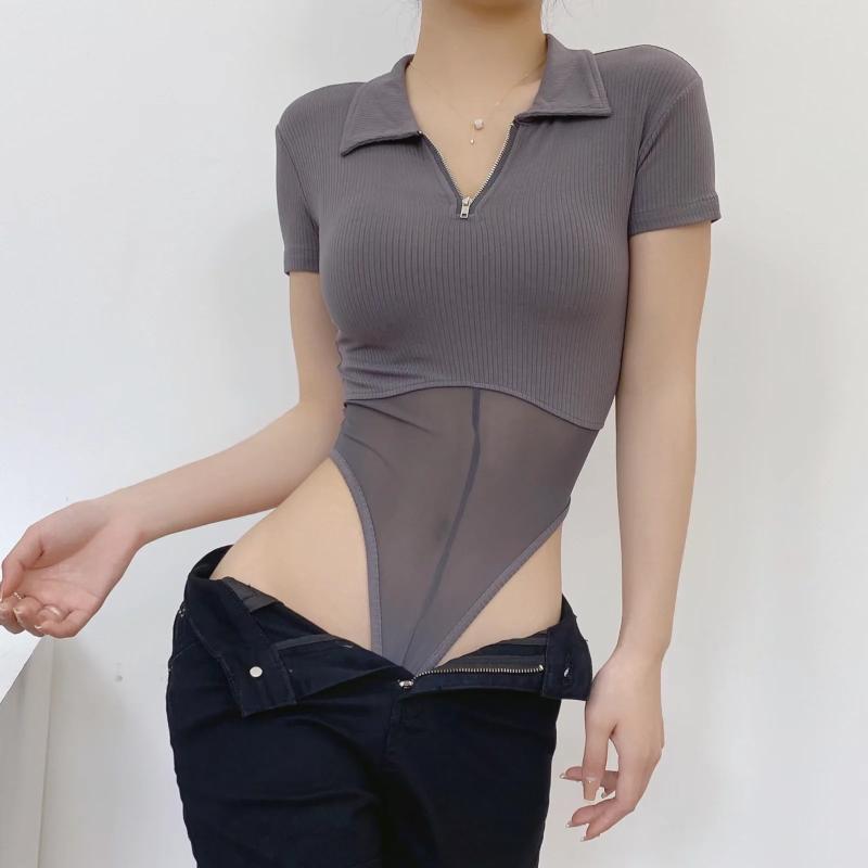 Tシャツ レディース 短袖 コットン スパンデックス 混紡 修身型 短丈 ポロカラー 切り替え 透け感 ホロー デザイン 黒 緑 灰 白 ベージュ 無袖 タイプ セクシー 気質 通勤 スタイル 夏 シーズン カジュアル 普段使い トップス