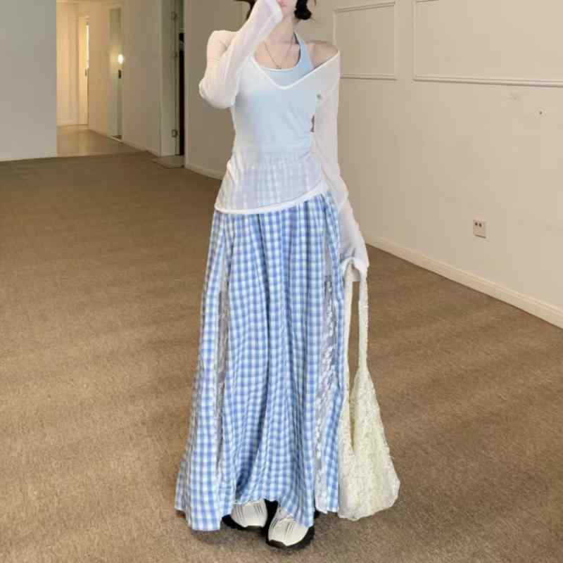 レディース トップス 半身スカート セット 透け感 Vネック 白 長袖 レース 切り替え チェック柄 長丈スカート 清新 甘め スタイル ?? 素材 免?加工 夏 スカートセット キャミソール インナー トップス セット コットン ライク 軽量 涼しい