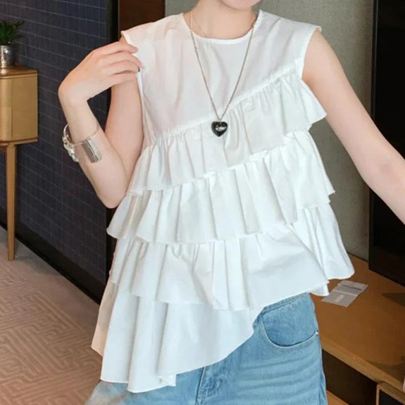 女性用 無袖 トップス レース フリル 不規則 ヘム 白色 純色 ?? ポリエステル 気質 通勤 都市 スタイル エレガント セット ネック 2024 春 シーズン 無弾力 肩帯 不可 脱着 普通 丈 50-65cm 成人 女性 欧米 東南アジア 向け