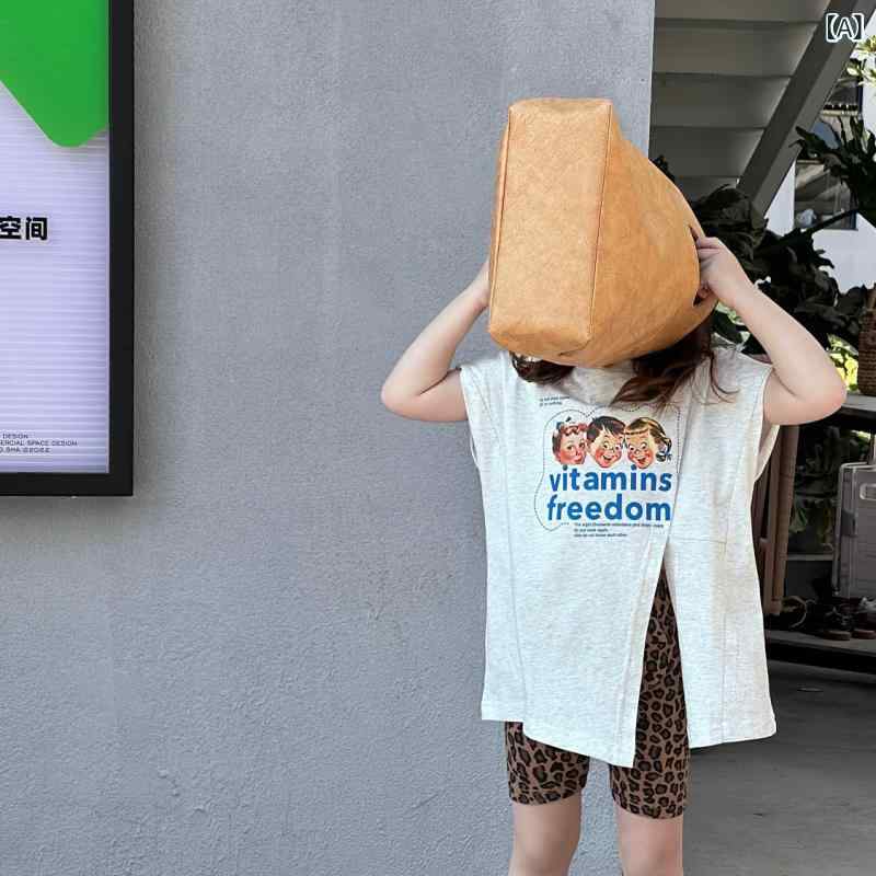 女の子 Tシャツ 無袖 丸首 夏服 個性派 中長丈 ゆったり 韓国風 不規則 スリット 綿素材 柔らかい 花柄 プリント グレー 花柄 ベビー 幼児 0-1歳 90-150cm 身長対応