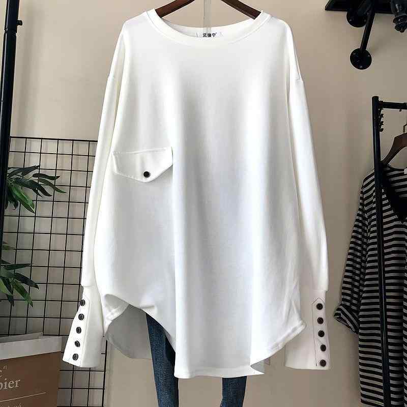 トップス 女性用 秋冬 中長丈 不規則 デザイン 長袖 ボタン インナー ゆったり Tシャツ 綿 ポリエステル 切り替え ポケット 丸首 ルーズフィット 通勤 気質 スタイル 白 黒 緑