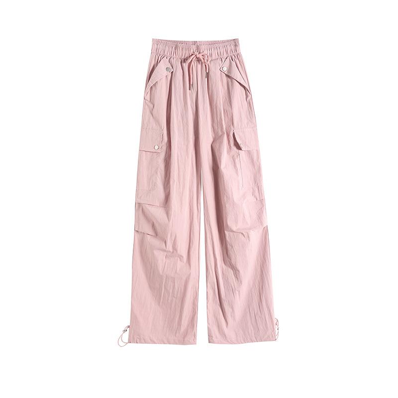 レディース 工装パンツ 春秋 登山用 ワイドレッグ ストレート 速乾 米白 深灰 黒 ピンク 長丈 小柄対応 ポケット 切り替え ストレッチ 軽量 伸縮性 再生繊維 ミックス 私服 普段使い アウトドア ゆったり 垂感 ミモレ丈 膝下丈