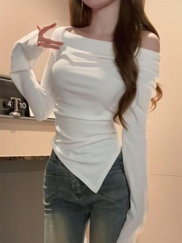 トップス レディース 白色 ワンショルダー インナー 切り替え 長袖 Tシャツ 打底上衣 セクシー 不規則 デザイン ポリエステル 素材 セットアップ 私服 短め 丈 肩落ち 袖 純色 柄 秋季 セット 90% 以上
