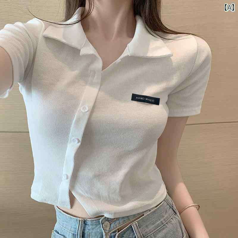 Tシャツ 女性用 短袖 ポロ領 夏 かわいい 短丈 上衣 白色 ピンク グレー 日韓スタイル シンプル 修身型 ボタン 字母柄 快適 休?