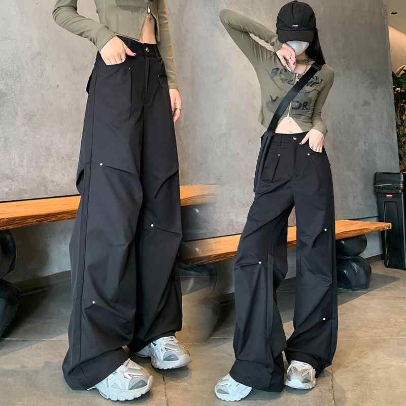 レディース ワイドパンツ 黒 春夏 工装風 ロング丈 ハイウエスト ゆったり シルエット 降落? タイプ ポリエステル 繊維 スパンデックス 混紡 微弾性 シンプル デザイン 通勤 スタイル 気質 センス 快適 休? 通用 体型 対応 圧縮加工 仕上げ