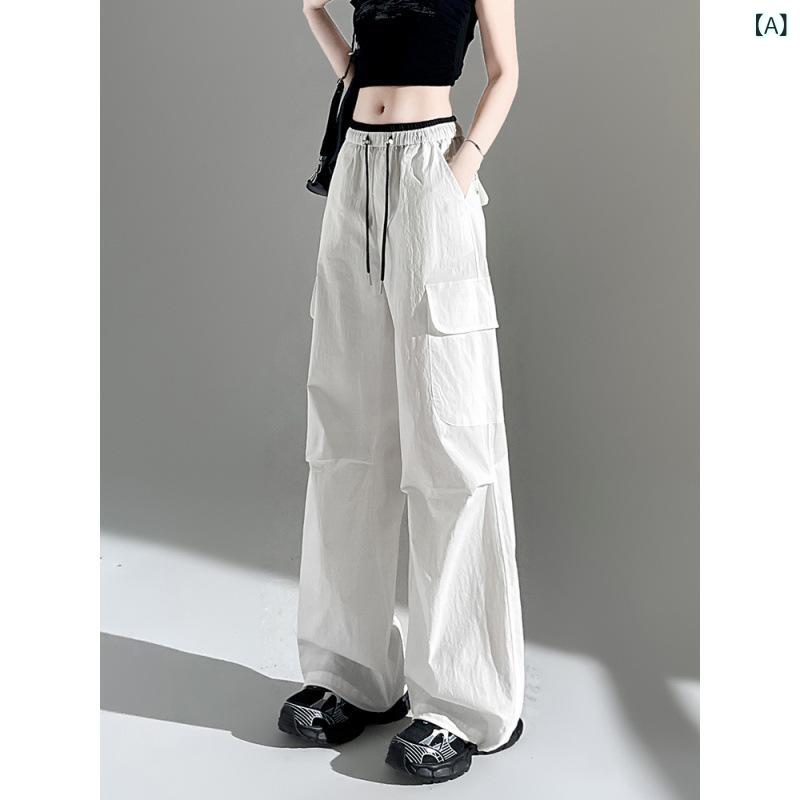 レディース 工装パンツ 速乾 接触冷感 再生繊維 ワイドレッグ 長ズボン ポケット 防風 通勤 街着 夏 春夏 白 黒 グレー ブルー 気質 都市スタイル 軽量 伸縮性 95% 以上 ??