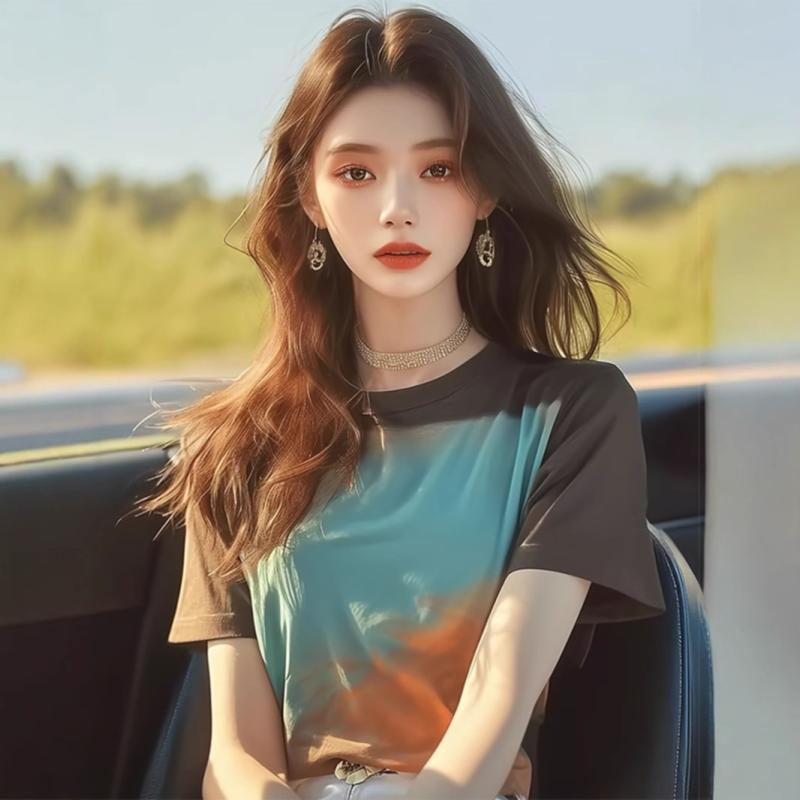 Tシャツ 女性用 短袖 トップス 丸首 ゆったりシルエット 切り替え柄 グラデーション 夏 私服 御姐風 かわいい 軽量 綿素材 普段使い 通勤 デート チック 絶美 デザイン