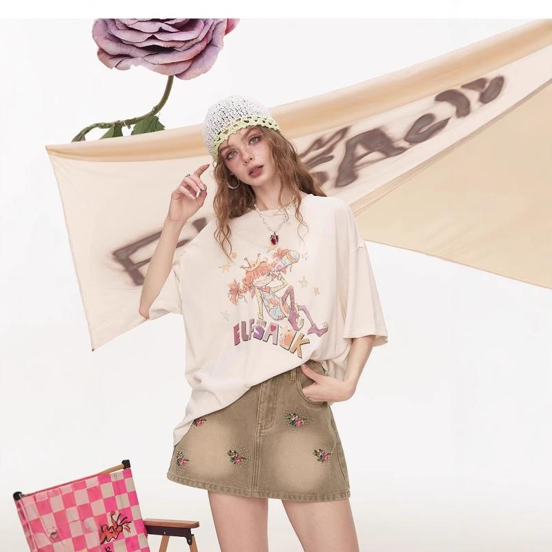 Tシャツ 女性用 短袖 トップス ワンピース風 プリント柄 綿素材 切り替えデザイン セットカラー 白 薄荷色 丸首 ゆったりシルエット 韓国風 デイリー カジュアル 普段使い 軽量 通勤 休日 夏 春夏 吸湿速乾 伸縮性 ビッグサイズ ラウンドネック