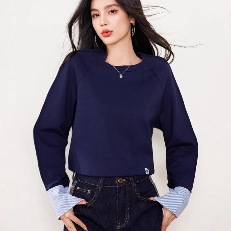 長袖 トップス 女性用 春 コットン 素材 直筒 スリム デザイン 切り替え 配色 ネイビー 私服 御姐風 オフィスカジュアル 日常使い 軽量 柔らかい 肌触り 通勤 デイリー コーデ