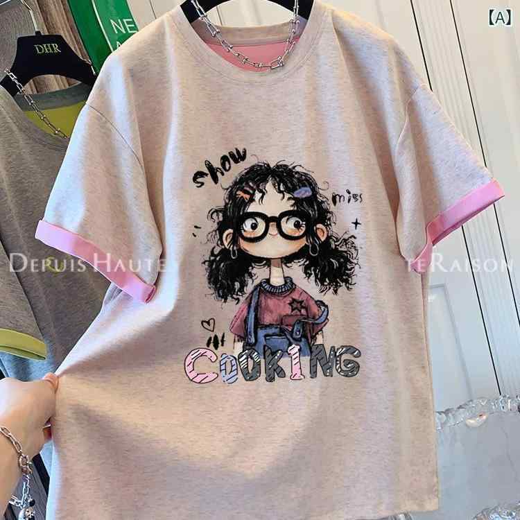 Tシャツ 女性用 夏 短袖 ピンク 灰 綿 ポリエステル 混合 コットン 素材 幾何学柄 プリント 丸首 ルーズフィット ミドル丈 カラーブロック デザイン 韓国風 カジュアル ラフスタイル ゆったり トップス ワイドシルエット 快適 日常使い 軽やか