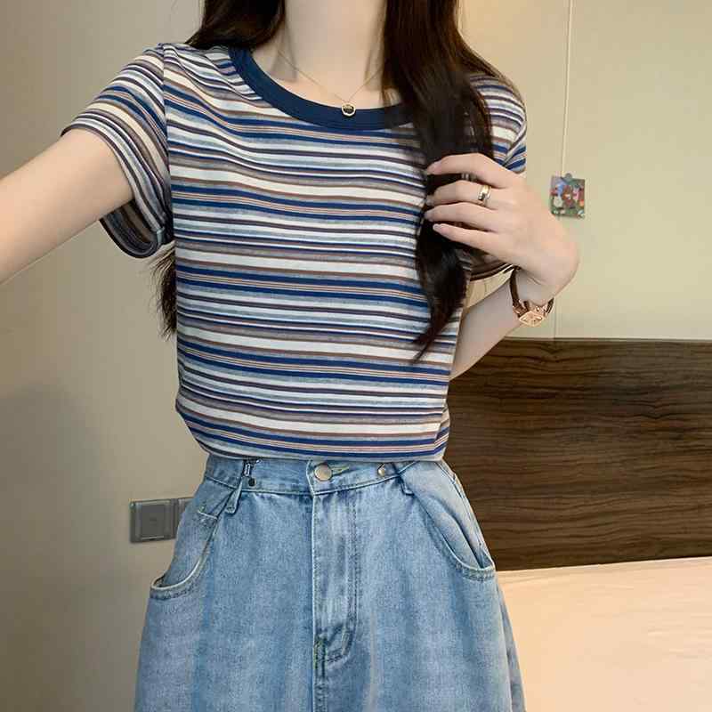 Tシャツ 女性用 短袖 修身 綿 綿95% 以上 スパンデックス ストライプ柄 ザ染め加工 クラッシュカラー デザイン 肩上 トップス 通勤 気質 快適 休? ブルー 夏 普通丈 丸首 スリムフィット