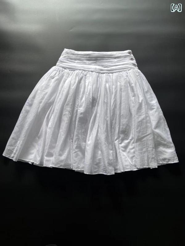 スカート 半身スカート 女性用 春夏 フレンチスタイル 高腰 立体 ダブルレイヤー プリーツ ミディ丈 コットンリネン 白 金属装飾 気質 優雅 リゾート 私服