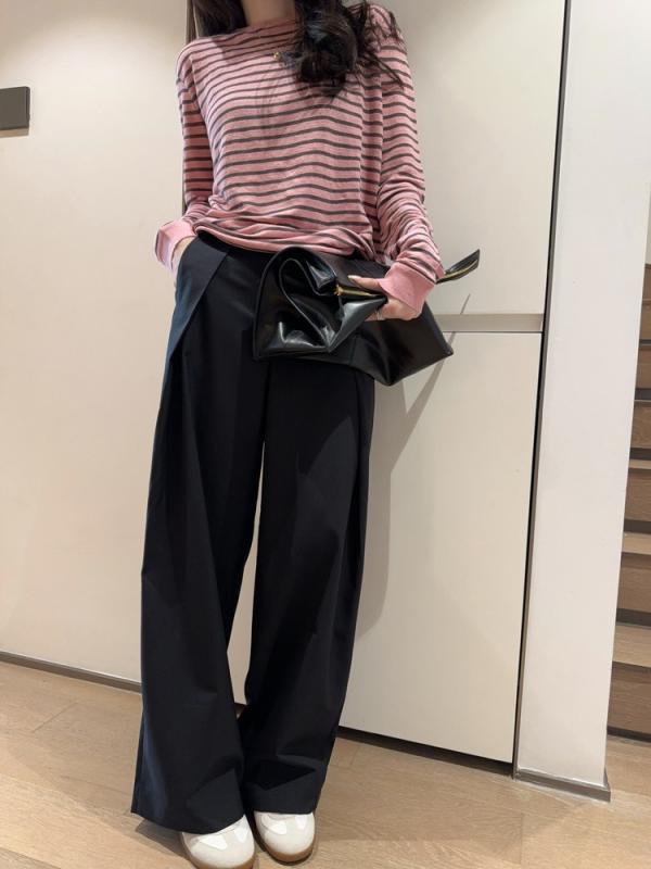 レディース ロングパンツ 高腰 ワイドレッグ プリーツ 黒 シンプル ポリエステル ポリエステル95%以上 ゆったり ロング丈 洗いざらし加工 春季 日韓カジュアル ミニマルスタイル デイリーウェア 軽量 すっきりシルエット スリムライン ハイウエストパ