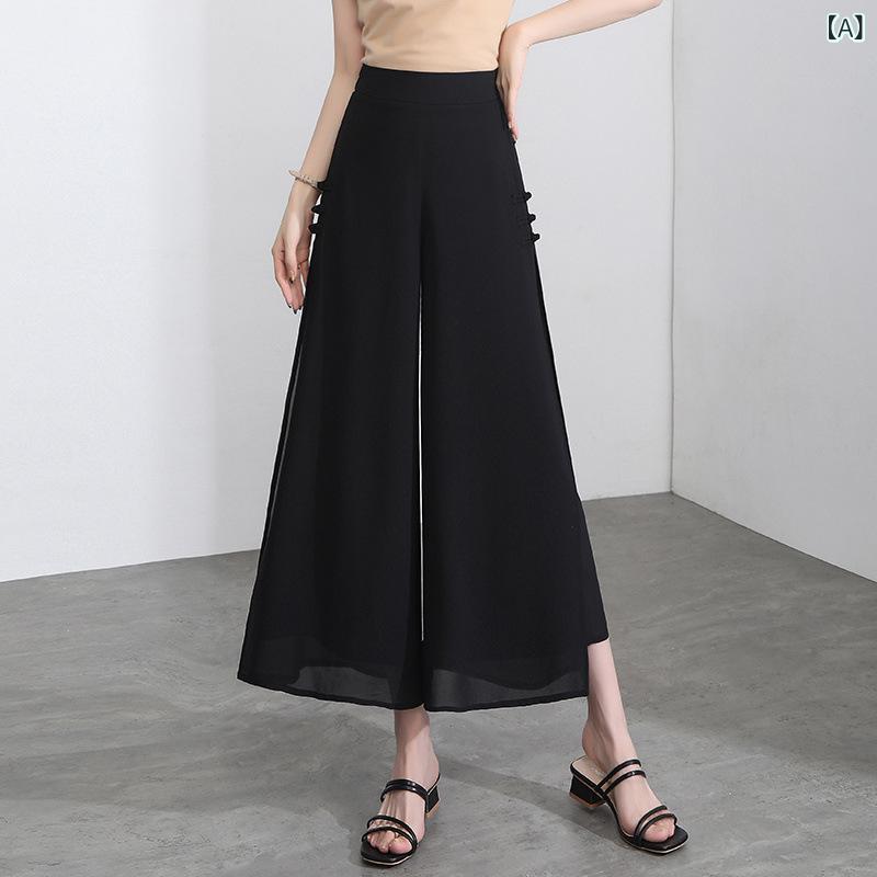 レディース ワイドパンツ 夏 薄手 高腰 ゆったり ボタン プリーツ スカートパンツ スリット 七分 九分 黒 紺 ベージュ ポリエステル 雪?風 涼しい 気質 通勤 都市 軽やか スタイル｜LiLishop6
