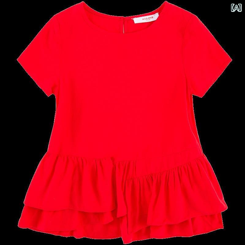 女の子 Tシャツ 赤 韓国風 不規則 ヘム 夏 短袖 上衣 中大 荷叶? デザイン かわいい トップス 純色 丸首 女児 服 夏服 子供服