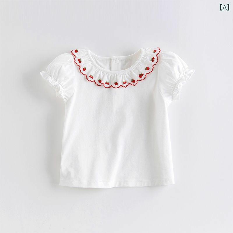 女の子 Tシャツ 短袖 夏用 綿100% 柔らかい 吸湿速乾 丸首 花辺 フレアスリーブ 泡袖 条紋柄 韓国風 個性的 スタイリッシュ 子供服 中小童 3-8歳 かわいい 普段使い 涼しい トップス 洋服 ベビー服 女児 ファッション トレンド