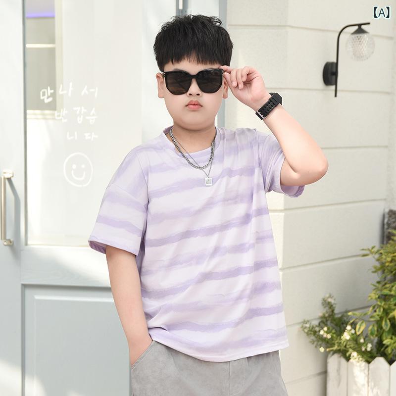 男の子 Tシャツ 短袖 夏用 中大童 プラスサイズ 綿素材 柔らかい 条紋柄 切り替えデザイン 彩虹紫 浅緑 黒 ラウンドネック ゆったりフィット 日常カジュアル 綿82% 安全B級 8歳以上 140cm以上 子供服 男児 上着 半袖 ビッグサイズ スト
