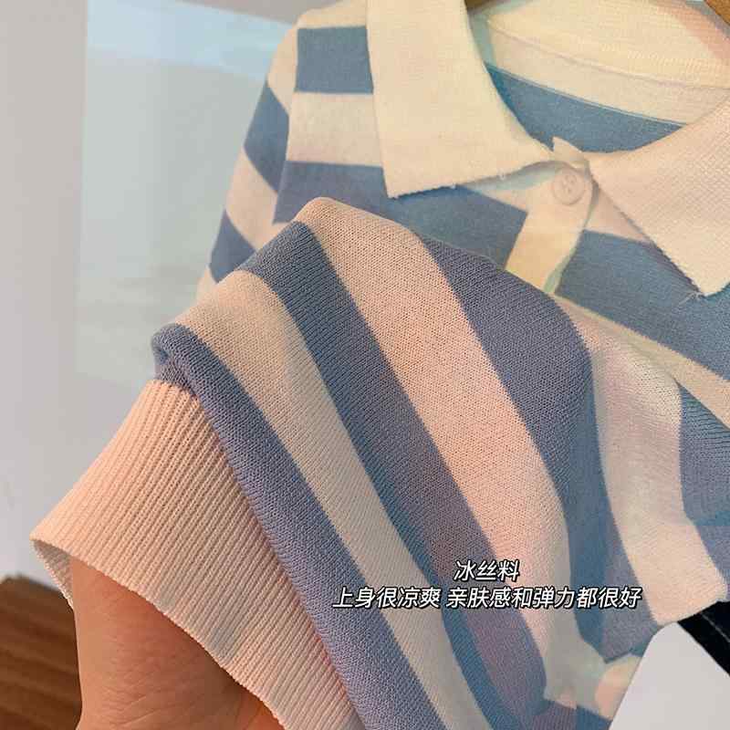 子供服 男の子 ポロシャツ ニット 短袖 セットアップ 牛仔 短パン 夏 条紋 Tシャツ 吸湿排汗 綿混紡 柔軟素材 スポーツ ピンストライプ 英? トレンド ベーシック 普段使い 爽やか 涼しい トップス ボトムス 3-8歳 90-140cm ユニセッ