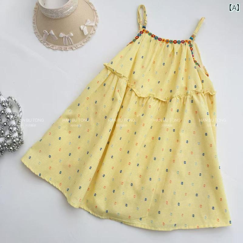 女の子 ワンピース 夏服 吊帯スカート 綿素材 柔軟加工 黄色 韓風 潮范 ビーチスカート プリンセススカート かわいい 子供服 中大童 8歳以上 120-170cm 夏用 女児服 軽やか 日常使い 休日着 遊園地 公園遊び プリント柄 シンプルデザイン