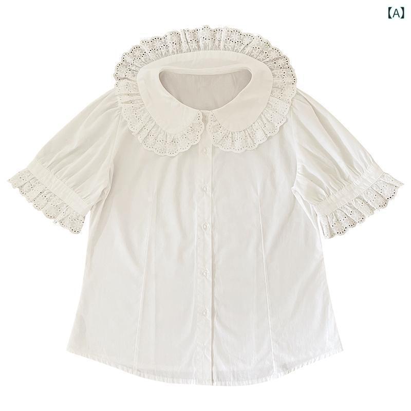 レディース シャツ トップス 短袖 かわいい ドルマンスリーブ 学院風 春夏 フリル ギャザー ポリエステル 私服 御姐風 ボタン 涼しい 軽量 デイリー フェミニン