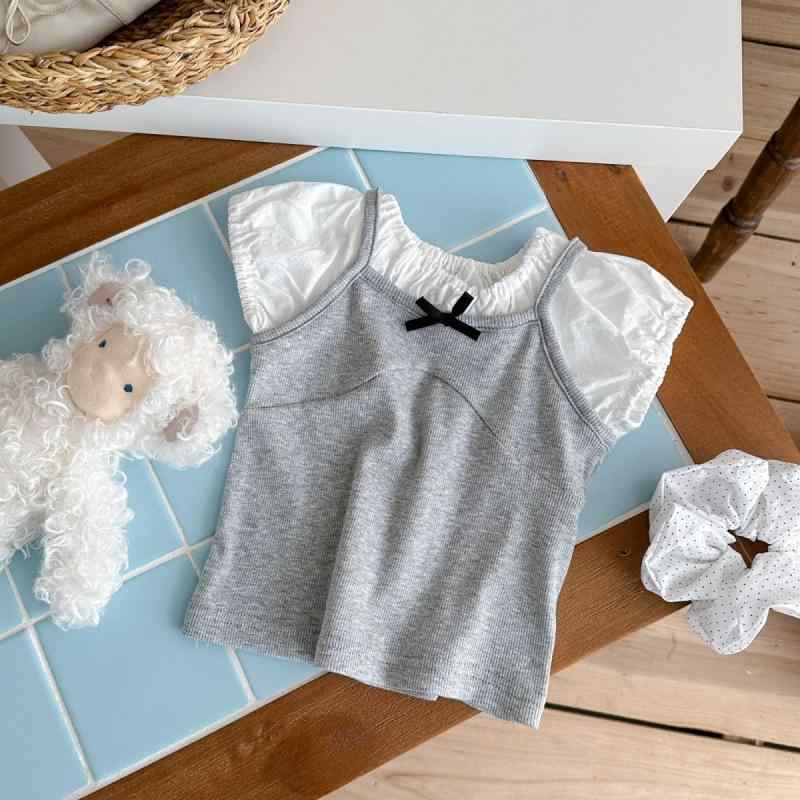 女の子 Tシャツ トップス 夏服 短袖 泡泡袖 偽ツーピース 蝴蝶結 リボン かわいい 甘め スタイル 綿素材 柔らかい 吸汗 グレー 90-140cm|LiLishop6