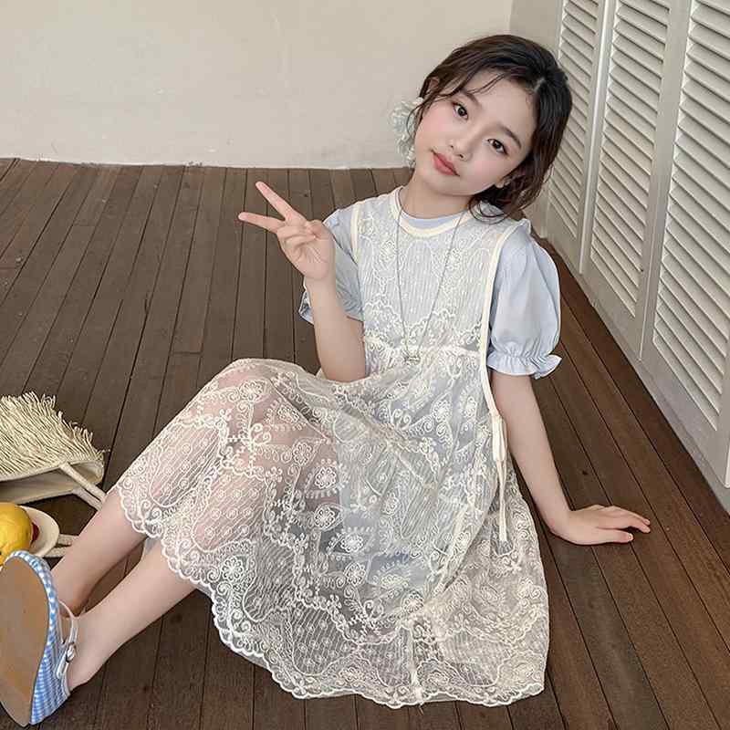 女の子 ワンピース 2点セット 夏 吊り下げ式 背心 スカート 韓系 レース 綿 ニット プリンセス スカート 田園 純色 柔軟素材 切り替え デザイン 中大童 女児 夏服 ガールズ ドレス セット 軽やか 綿混 ニロン 素材 女の子 夏 ドレス 2ピー