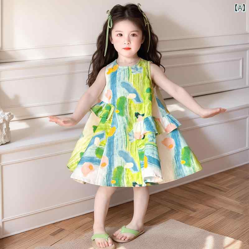 女の子 ワンピース 春夏 無袖 吊り下げ 背心 スカート 綿 素材 緑 かわいい 洋気 時髦 子供 ビーチ 砂浜 遊び 涼しい 通気性 軽量 日常 外出 3-8歳