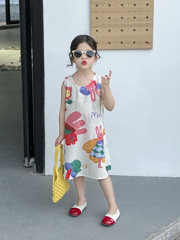 女の子 ワンピース 夏 無袖 背心 スカート かわいい カード 柄 プリント 薄手 コットン 混紡 生地 ゆったり シルエット 基本 スタイル プリンセス フレア スカート 3-8歳 中小童 100-140cm 身長対応 女児 夏服 綿素材 コットン ブ
