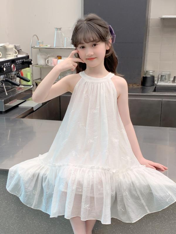 女の子 ワンピース 夏 吊り首 A字 純色 白色 綿混紡 ポリエステル 軽量 通気性 涼しい かわいい プリンセス スカート 女児 洋気 韓風 トップス ドレス 子供服 中大童 8歳以上 夏服 シンプル 背心 ストラップ