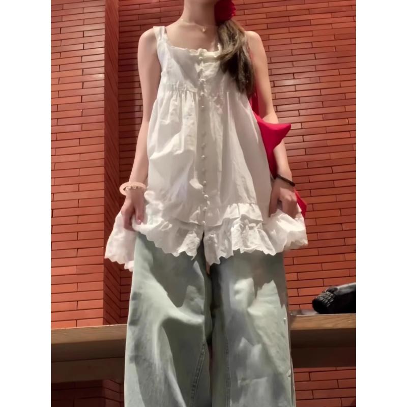 レディース ワンピース 吊り帯 スカート 夏 かわいい フレンチスタイル ゆったり 短丈 Aライン スカート ポロカラー ボタン 装飾 フリル ヘム シフォン 生地 軽量 通気性 良い 女性 私服 スタイル 御姐風 デザイン 感