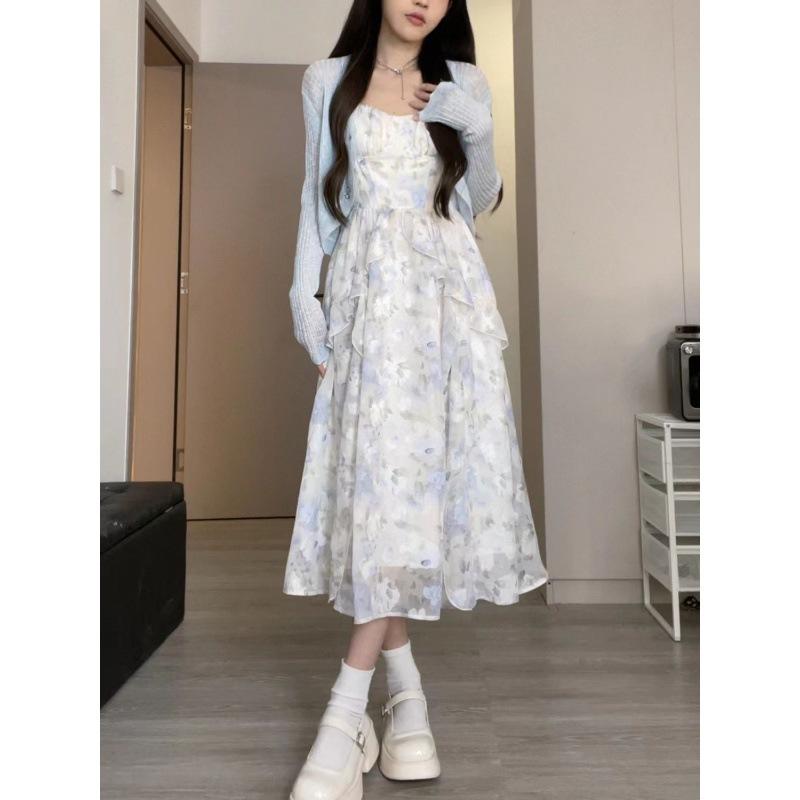 レディース ワンピース セット 夏 甘め スパイシー フリル シフォン プリント ロング スカート 防晒 吊り帯 収腰 薄手 涼しい 都市 通勤 気質 セットアップ 涼感 生地 ポリエステル 無袖 花柄 かわいい スタイル 日常使い 軽量 女性 ファッシ
