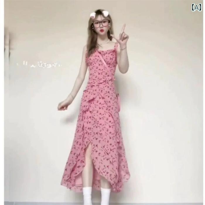 ワンピース レディース 春夏 ピンク プリント ポリエステル スパンデックス 混紡 生地 かわいい 甘め 雰囲気 スリム フレア 袖 開き デザイン ミドル丈 ポロ 襟 プリンセス 袖 七分丈 セクシー ガール スタイル 復古 中国風 クロスボーダー フ