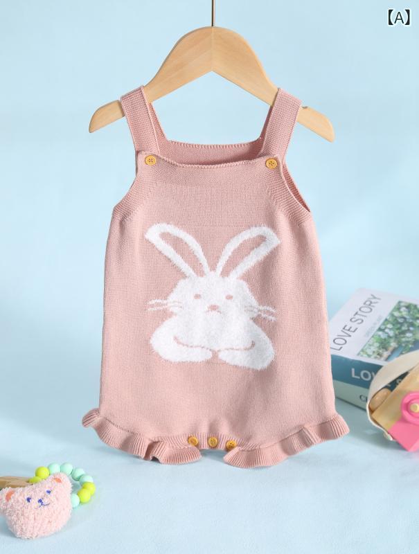ベビー 女の子 ワンピース かわいい ウサギ 刺繍 吊り紐 フリル 3角パンツ 連体 服 爬行 服 夏 春 ニット ポリエステル 100% ピンク 甘い かわいい 無袖 薄手 安全 A級 0-18ヶ月
