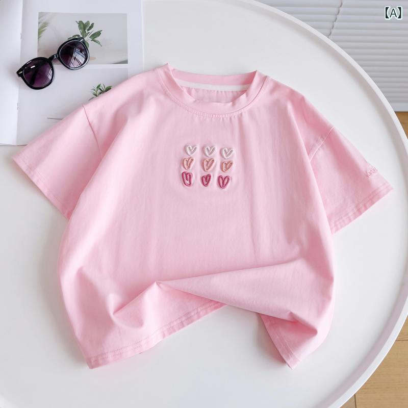 女の子 Tシャツ 短袖 夏服 綿素材 トップス 子供服 ゆったり かわいい 丸首 ピンク 白色 ブルー 春夏 100cm 110cm 120cm 130cm 140cm 150cm 160cm