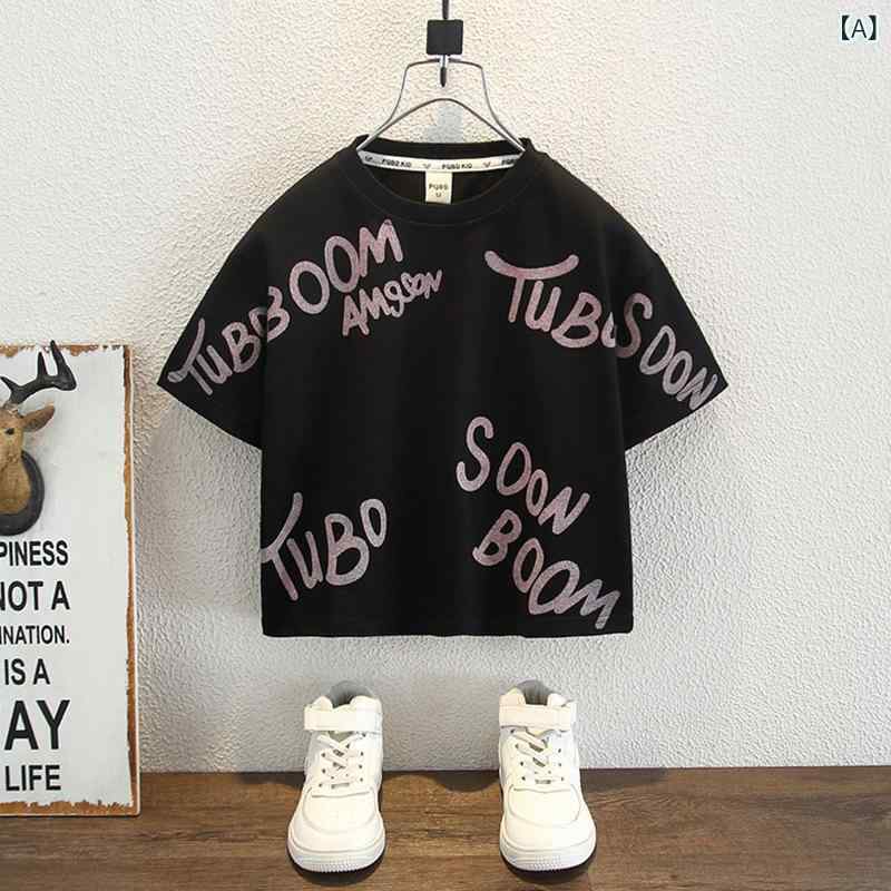 キッズ Tシャツ 男の子 女の子 短袖 夏 トップス 綿 吸湿排汗 柔軟 翻領 カジュアル 黒 かっこいい 子供服 日常使い 遊び着 カードプリント アルファベット 印花 かわいい 3-8歳 90-150cm