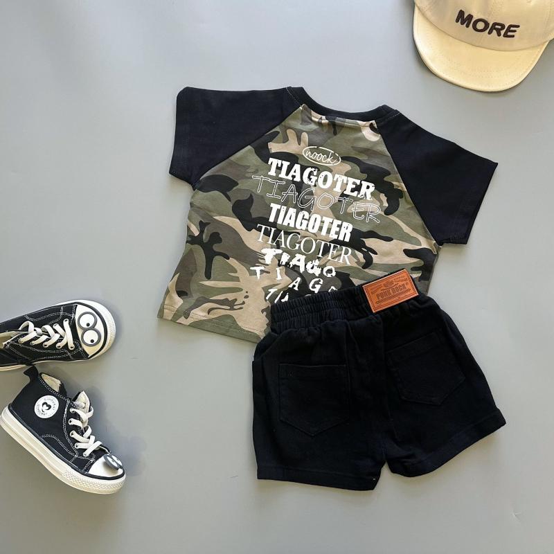 男の子 キッズ 夏服 セットアップ 短袖 Tシャツ 迷彩柄 短パン 綿混紡 柔らかい素材 かっこいい 洋気 コーディネート 73cm 80cm 90cm 100cm 110cm 120cm 1-3歳 夏 キャミー トップス ボトムス 子供服 ベビー 幼児