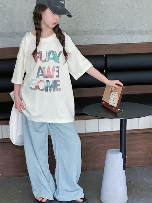 女の子 Tシャツ 半袖 トップス 夏 かわいい 綿混紡 柔らかい 素材 丸首 ゆったり シルエット 字母 プリント デザイン 休日 遊び着 日常 コーデ 米白 緑 ベビー ジュニア キッズ 服