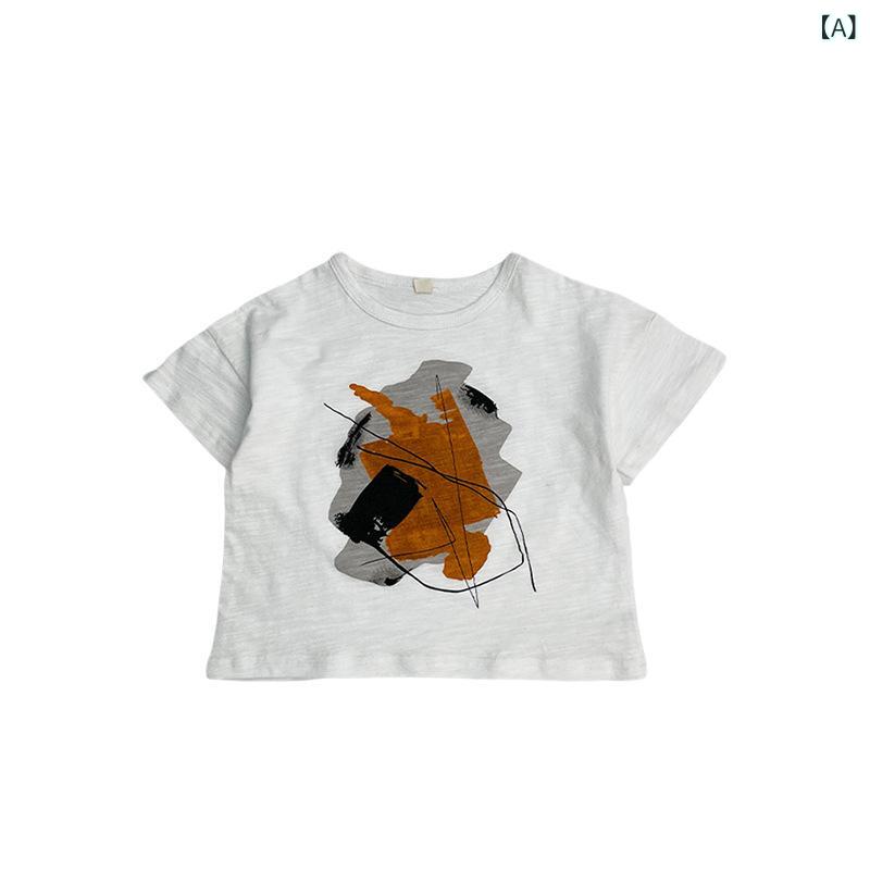 キッズ Tシャツ 男の子 女の子 短袖 トップス ユニセックス 抽象柄 綿100% 丸首 吸湿速乾 柔らかい プリント 潮風 夏用 白 グレー 1-3歳 3-8歳 80-140cm 通勤 普段使い 部屋着 アウトドア カジュアル
