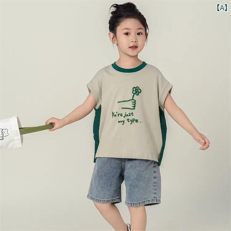 女の子 Tシャツ 短袖 半袖 トップス 綿 95% 圓領 ・柑通 印花 字母 夏 かわいい 軽量 快適 普段使い 110cm 120cm 130cm 140cm 150cm 160cm 170cm 浅・柑其